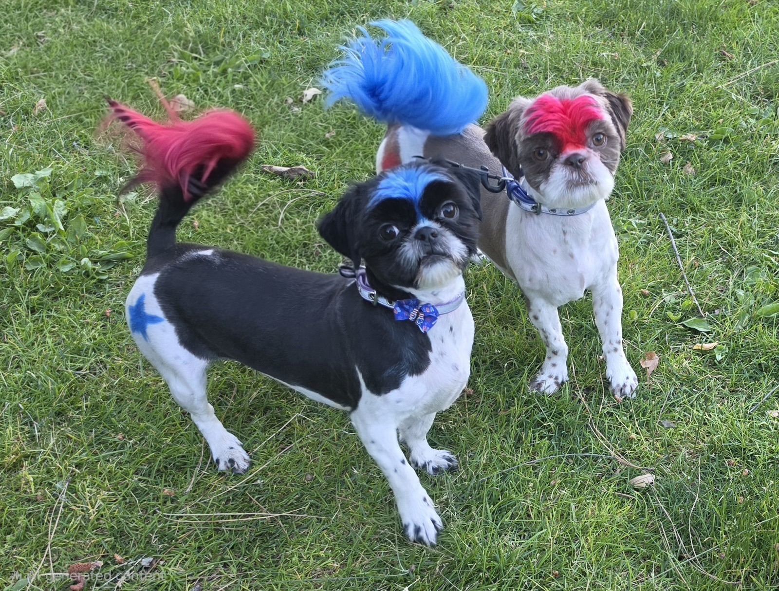 Two dogs with blue and red color mohawks